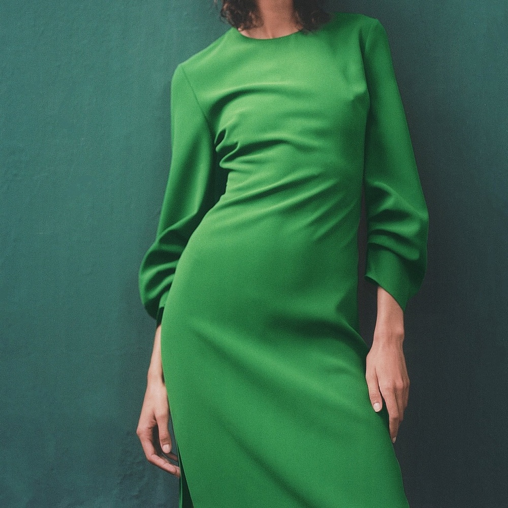 Zara ruched midi dress in mid green